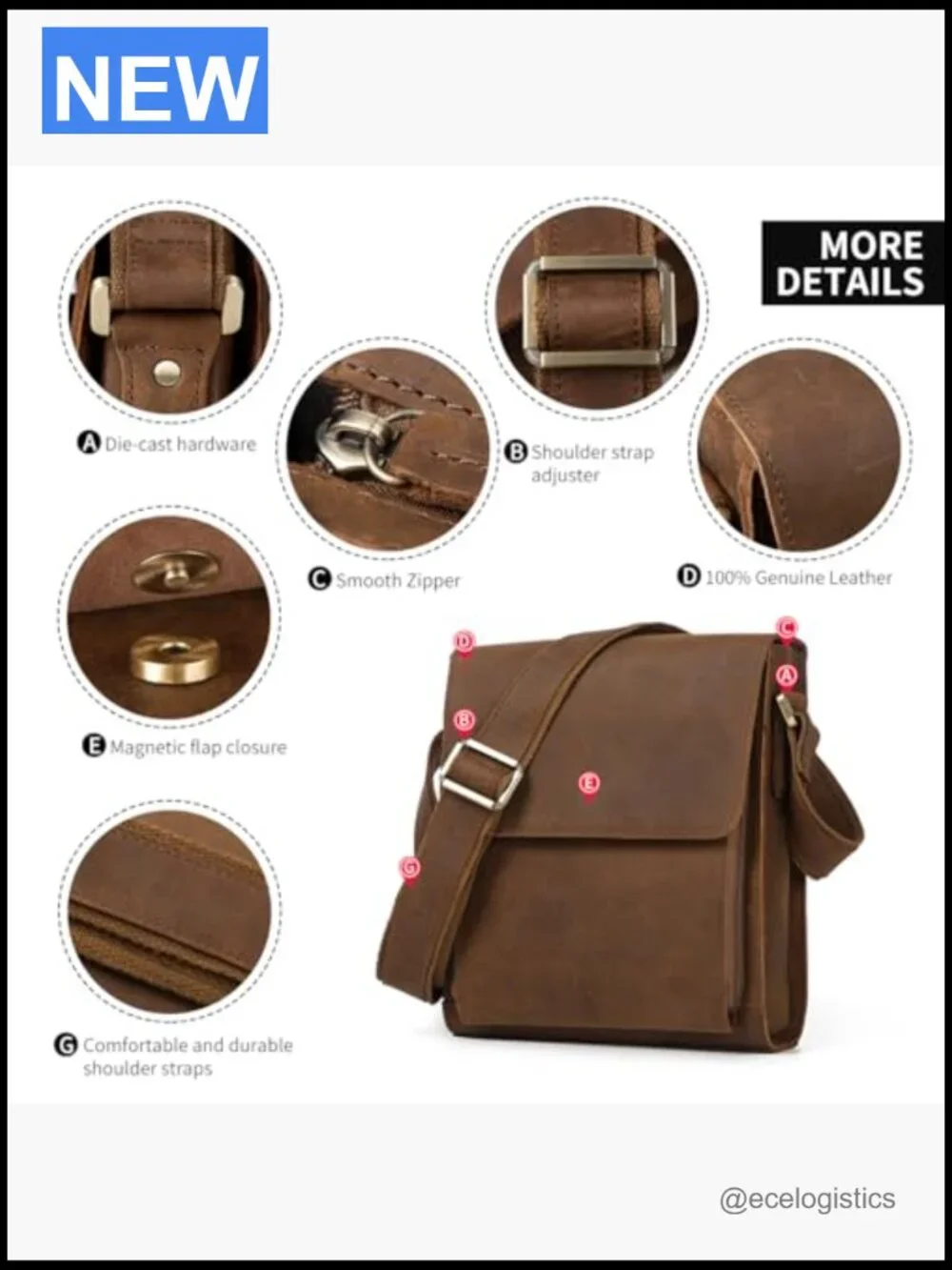 Leather Messenger Crossbody Bag for Men Adjustable Strap YKK Zipper